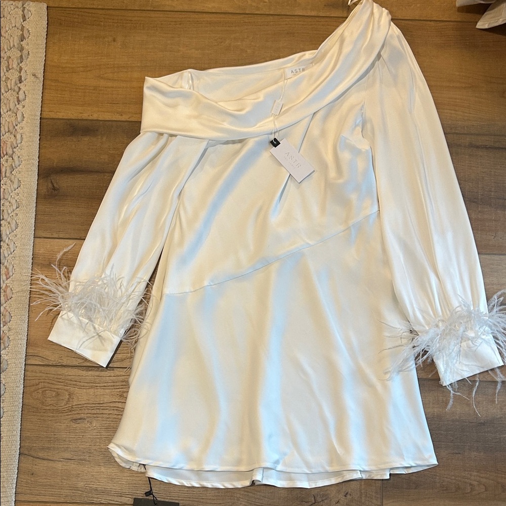 Astr Off-Shoulder White Dress with Feather Accents